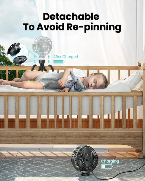 Mini Portable Stroller Fan Clip On Battery Operated Detachable 3 Speed Rechargeable 360 Degree Rotating Flexible Tripod on crib