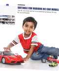 Child playing with toy cars next to RC Car Repair Tool Kit With Wrench, Screw And Fastener Set, bolt assortment in box