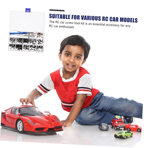 Child playing with toy cars next to RC Car Repair Tool Kit With Wrench, Screw And Fastener Set, bolt assortment in box