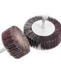 Two flap wheels from 20 Piece 80 Grit Aluminum Oxide Flap Wheel Sander Set With Cone And Cylindrical Grinding Heads, Quarter Inch Shank Fits Rotary Tools For Pro Polishing, Metal Finishing, And DIY Projects, side by side with visible shanks.