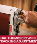User adjusting dual thumbscrew belt tracking on the Six Inch Fortyeight Belt And Twelve Inch Disc Sander Combo pairing.