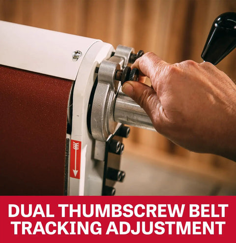 User adjusting dual thumbscrew belt tracking on the Six Inch Fortyeight Belt And Twelve Inch Disc Sander Combo pairing.