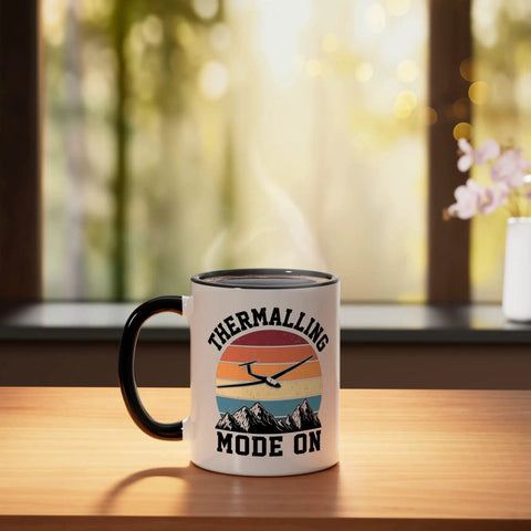 Glider Pilot Ceramic Mug For Sailplane Enthusiasts, Soaring Sky Themed Coffee Mug In Black And White on table with window view
