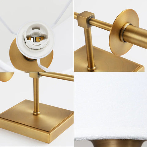 Close-up of brushed brass base and stand details of Rustic Industrial Wall Sconce With Flared White Textile Shade And Antique Brass Tapered Column Stand Hardwired E26 Base Dimmable Compatible With LED CFL Halogen And Incandescent Bulbs