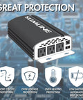 Hella Compact Dc To Ac Power Inverter Pumping 2000 Watt Continuous And 4500 Watt Peak Output with three AC sockets and safety features.