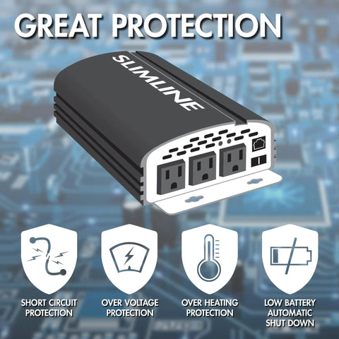 Hella Compact Dc To Ac Power Inverter Pumping 2000 Watt Continuous And 4500 Watt Peak Output with three AC sockets and safety features.