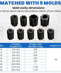 Heavy Duty Electric Hydraulic Hose Crimper Machine With 9 Die Sets displaying various crimping molds and sizes for hose applications.