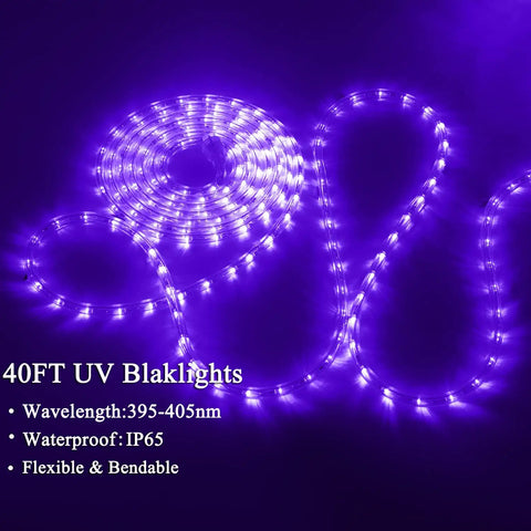 Outdoor Blacklight LED Rope Lights Kit 40 Feet Waterproof IP65 Purple Glow for Birthday Bash Halloween Stage Decor 432 LEDs