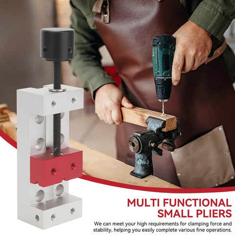 Compact Mini Drill Press Bench Vise Clamp 2 Inch Opening, 50mm Capacity, held by person during woodworking project