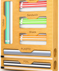 Slick Bamboo Kitchen Drawer Organizer With Plastic Wrap Dispenser And Foil Cutter, 6 In 1 Multi Size Bag Holder For Quart And Gallon Storage in bamboo finish.