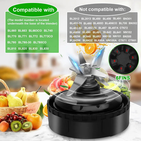 Two Pack 16oz Single Serve Cups With To Go Lids And Six Fin Blade Assembly Replacement Parts For Ninja Blenders, compatibility chart in background