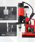 Heavy Duty Magnetic Drill Press Delivers Knockout 1400W Power At 810Rpm With 10 Speed Settings Plus Complete Annular Cutter Set, showing cutting specs.