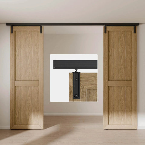 8Ft Ceiling Mount Box Rail Barn Door Hardware Kit Heavy Duty Steel Sliding Track installed with double wooden doors