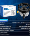 Dodge Caliber Power Steering Pump With Pulley Fits 2007 2012 Jeep Compass Patriot 2007 2017 2.0L 2.4L Replaces 5105048AA AB AC Direct Replacement Power Assist Pump with specifications and packaging in background