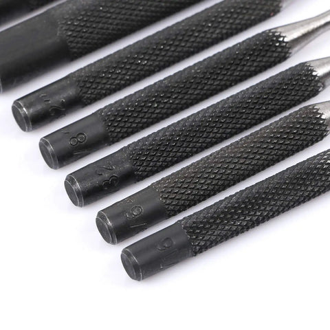 Close-up of black knurled handles from Roll Pin Punch Set With Storage Pouch, 9 Piece Steel Removal Tool Kit For Jewelry And General Repairs