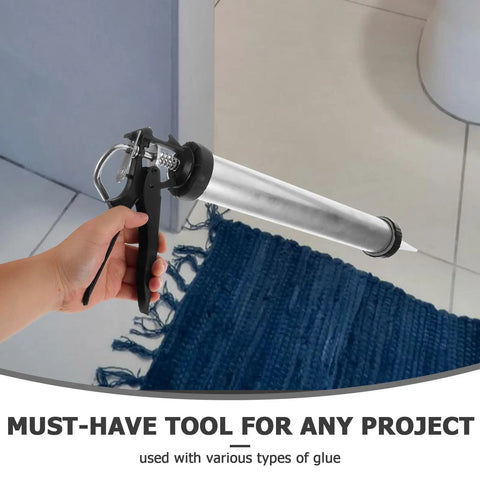 Top Tier Metal Caulk Gun With Thick Half Round Rod For Windows Doors And Bathroom Sealant Worry Free Application Adhesive Applicator held in hand.