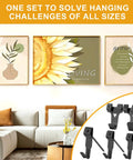 Top Notch 385 Piece Picture Hanging Kit For Walls With Heavy Duty Hooks Sawtooth Nails And Hanging Tool Organized Box Storage For Frames Art Photo Display Easy Setup And Secure Mounting Black, showing hooks with framed art.