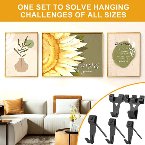 Top Notch 385 Piece Picture Hanging Kit For Walls With Heavy Duty Hooks Sawtooth Nails And Hanging Tool Organized Box Storage For Frames Art Photo Display Easy Setup And Secure Mounting Black, showing hooks with framed art.