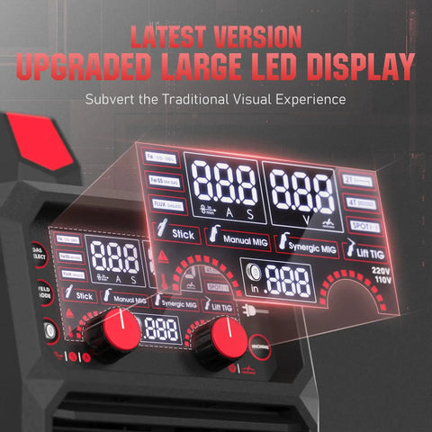 Close-up of Hot Shot 140A Multi Process Welder For Pros: 110V 220V LED display showing settings for MIG, TIG, and Stick welding.