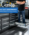 Boss Grade Locking Heavy Duty Drawer Slides Built Tough For Zero Hassle Setup Supporting Two Hundred Fifty Pound Load With Full Extension Glide that moves smooth across wood cabinetry from 12 to 40 inches, shown on a cabinet.