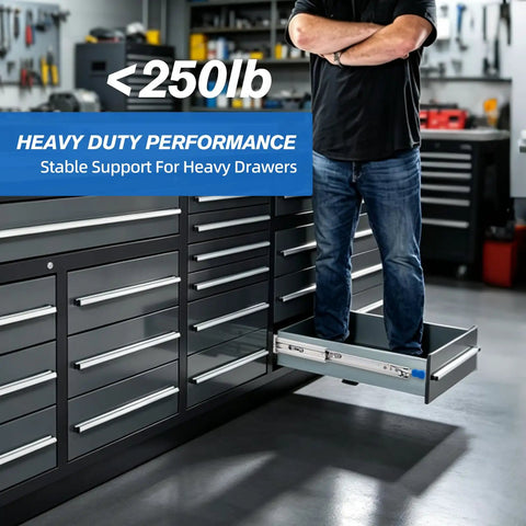 Boss Grade Locking Heavy Duty Drawer Slides Built Tough For Zero Hassle Setup Supporting Two Hundred Fifty Pound Load With Full Extension Glide that moves smooth across wood cabinetry from 12 to 40 inches, shown on a cabinet.