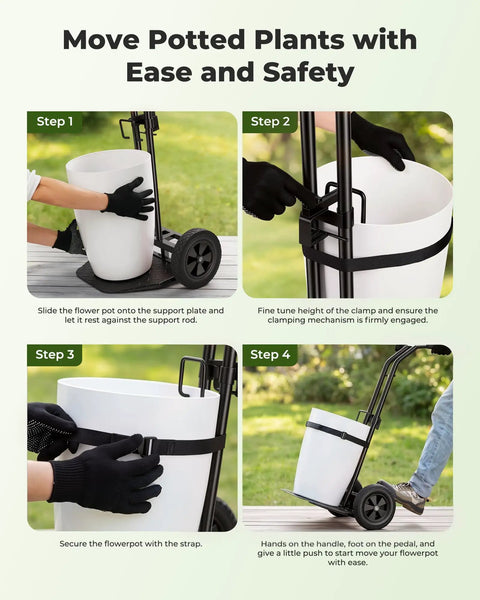 Step-by-step guide showing use of Heavy Duty Plant Caddy With Wheels Featuring Ergonomic Y Shape Handle For Moving Tall Flower Pots.