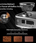 Semi Automatic Espresso Machine With 15Bar Pump And Stainless Steel Build Featuring PID LCD Controls and a displayed burr grinder for coffee.