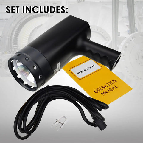 Digital Handheld Stroboscope With Wide Range From 50 To 12,000 FPM, xenon lamp, cable, and manual, for equipment fault detection.