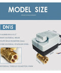 Built Tough 220V Motorized Ball Valve Cast From Solid Brass For Plumbing with dimensions and specifications displayed.