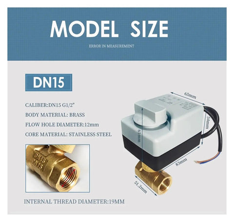 Built Tough 220V Motorized Ball Valve Cast From Solid Brass For Plumbing with dimensions and specifications displayed.