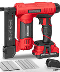 Top Shelf 2 In 1 Cordless Brad Nailer And Electric Stapler Kit With Rechargeable Battery Charger Pack Includes 1000 Nails And 500 Staples close-up view showing the battery and staples.