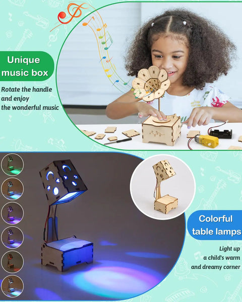 Child assembling music box from Six In One STEM Kit For Kids Ages 8 To 13, Wooden 3D Puzzles And Building Projects.
