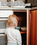 Child reaching into cabinet with Slam Free Soft Close Cabinet Hinges Pair 1-1/2 Inch Overlay for safe, quiet operation.