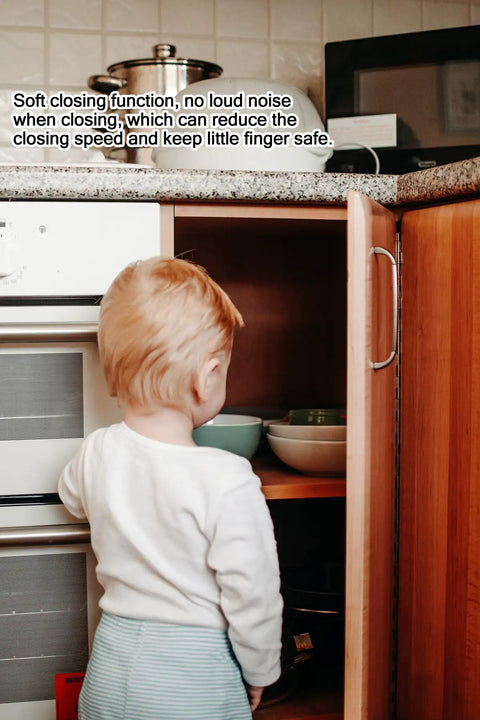 Child reaching into cabinet with Slam Free Soft Close Cabinet Hinges Pair 1-1/2 Inch Overlay for safe, quiet operation.