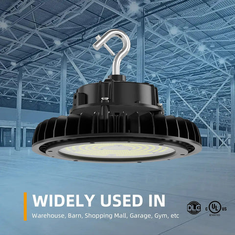UFO LED High Bay Light 150W 170LM/W 25,500LM DLC Listed 0-10V Dimmable hanging in a warehouse interior