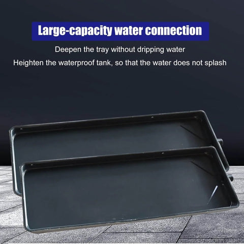 Heavy Duty Condensate Drain Pan Kit With Durable Plastic Tray And Drain Fitting For Efficient Water Collection And Release, Essential AC Maintenance Tool For Quick No Hassle, Leak Free Condensation Handling, showing black plastic tray.