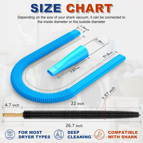 Blue Two Piece Dryer Vent Cleaner Kit With Lint Vacuum Attachment And Lint Remover Brush Size Chart