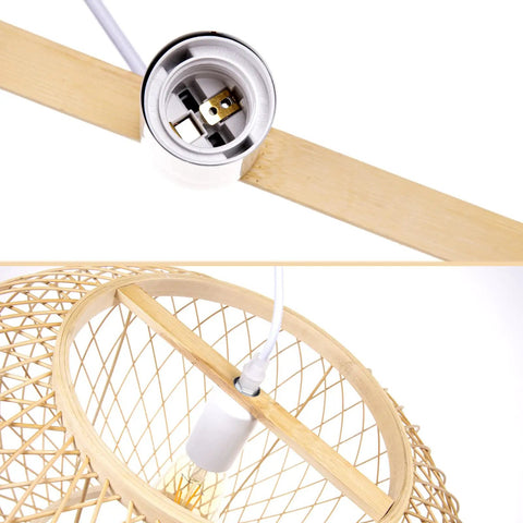 Handwoven Bamboo Pendant Light For Kitchen Island And Dining Nook with E26 socket detail, wicker chandelier view