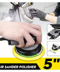Beast Pro Grade 10000 RPM Pneumatic Orbital Sander Polisher in use on car, 5-inch pad, ergonomic handheld design for smooth finishing