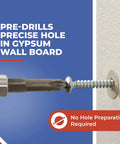 Close-up of Self Drilling Drywall Anchors With Screws Kit 20 Pack showing precise hole drilling in gypsum wallboard.