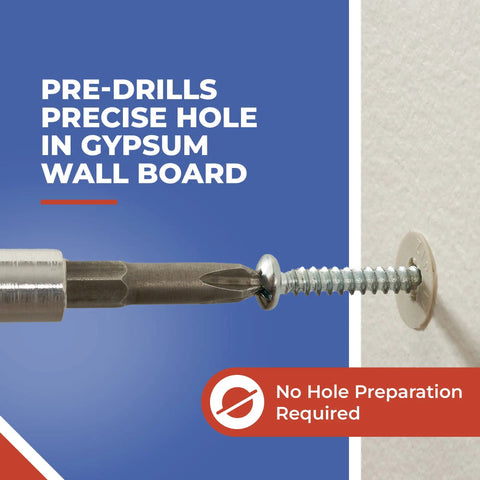 Close-up of Self Drilling Drywall Anchors With Screws Kit 20 Pack showing precise hole drilling in gypsum wallboard.