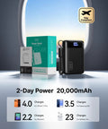 Ultra Compact 20000mAh Power Bank Featuring Dual USB Cables And Secure Lanyard Offers Beast Mode 22.5W Fast Charging seen by a window.