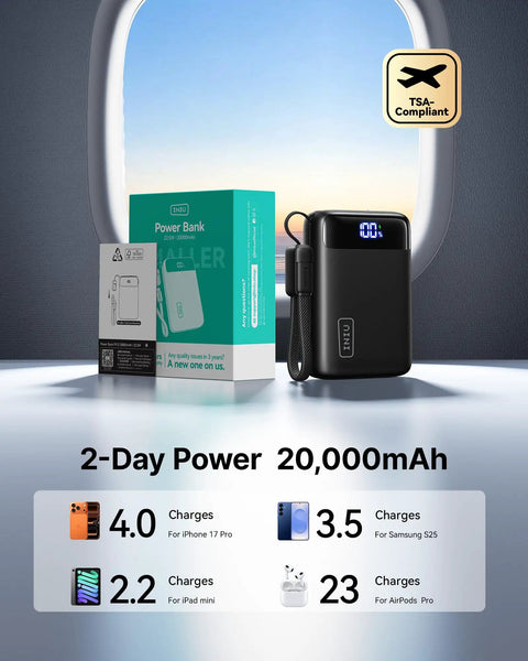 Ultra Compact 20000mAh Power Bank Featuring Dual USB Cables And Secure Lanyard Offers Beast Mode 22.5W Fast Charging seen by a window.