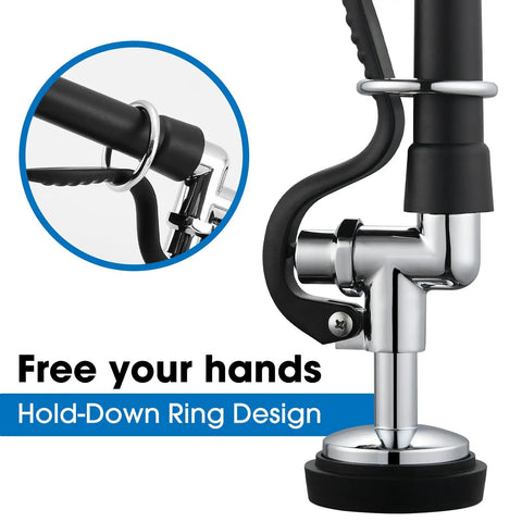 Built Different Commercial Sink Sprayer With 45 Inch Flexible Stainless Pre Rinse Hose and Heavy Duty Overhead Spring Replacement Kit with ergonomic hold-down ring design.
