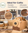 8 Pack 96 Oz Disposable Coffee Dispensers With Handle, insulated, shown on a café countertop with warning labels and paper cups