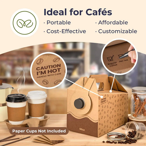 8 Pack 96 Oz Disposable Coffee Dispensers With Handle, insulated, shown on a café countertop with warning labels and paper cups