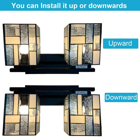 Tiffany Style 2 Light Wall Sconce with Hand Made Stained Glass Shade shown in upward and downward installation positions
