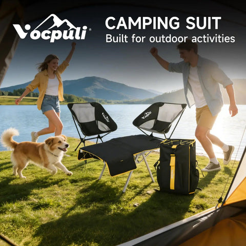 All In One Camping Backpack Table Kit With Aviation Aluminum Frame, Two Foldable Chairs, Convertible Backpack Top Table in outdoor setting