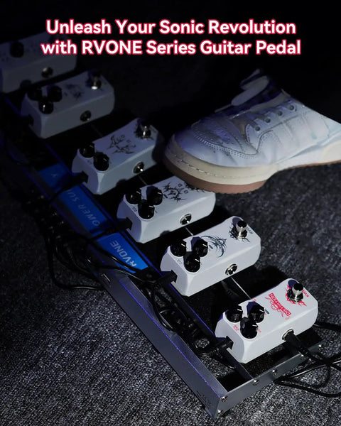 High Gain Distortion Pedal For Electric Guitar With Aluminum Enclosure on pedalboard next to sneaker