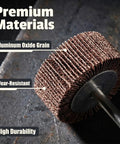 Close-up of beefed up 90mm extra long flap wheel sander with quarter inch shank showing aluminum oxide abrasive and durability.